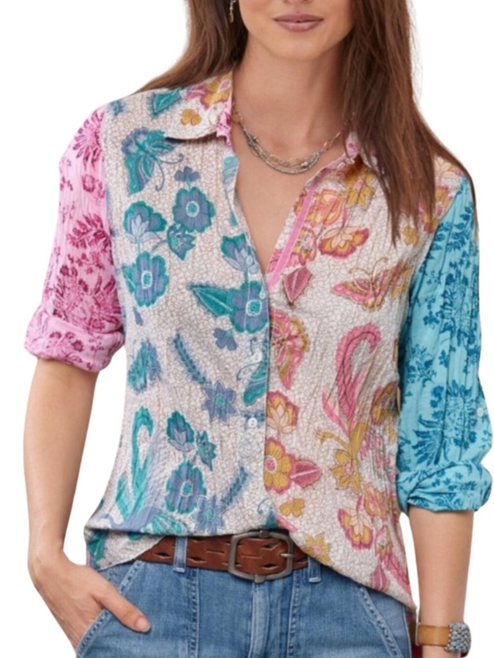 Cino Flying Peacock Crinkle Cotton Button Down Shirt Sz S Boho Coastal